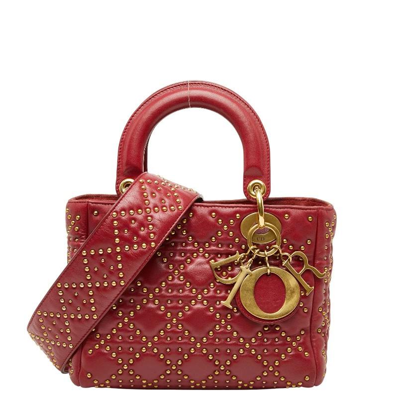 Christian Dior Lady Dior Cannage Studded Bag – Red & Gold Leather, 2-Way Top Handle & Shoulder – Pre-Owned