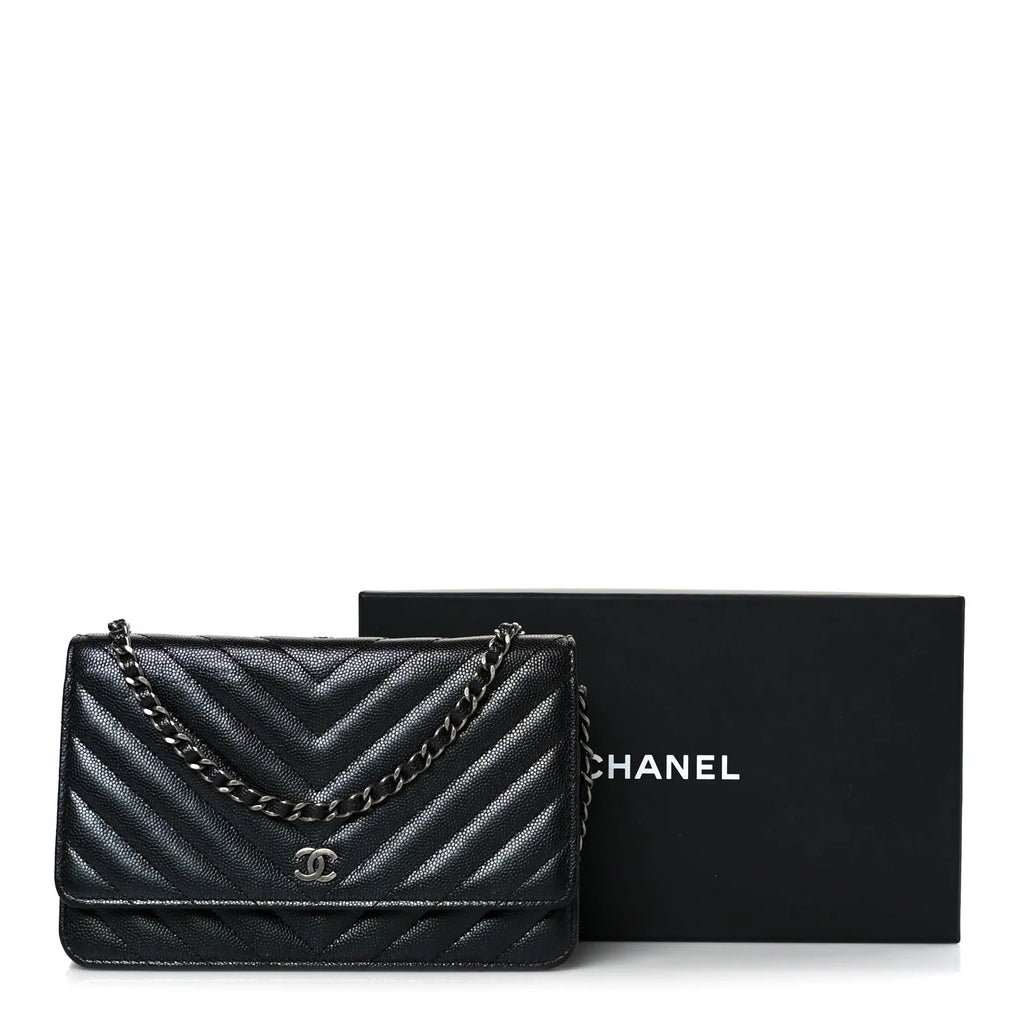 Chanel Iridescent Black Caviar Chevron Quilted Wallet On Chain (WOC) – Gold Hardware – Excellent Condition