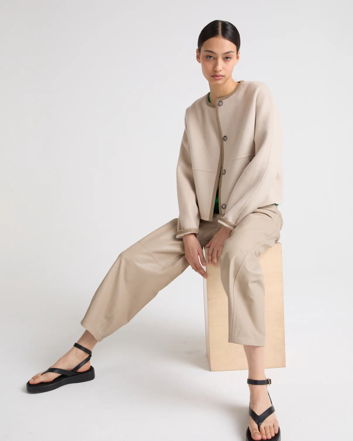 SMALL CASHMERE WOOL JACKET WITH LEATHER TRIM | YVES SALOMON