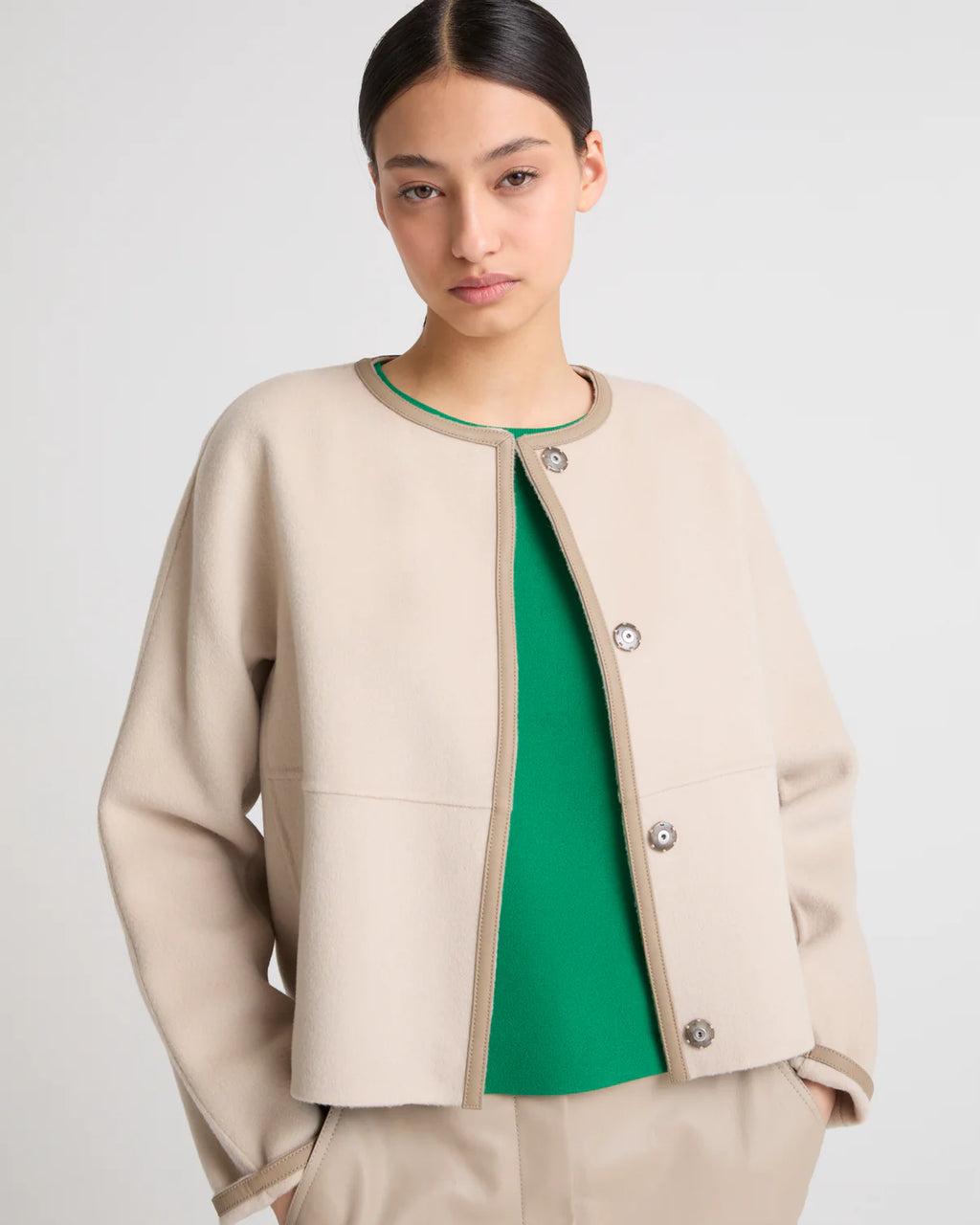 SMALL CASHMERE WOOL JACKET WITH LEATHER TRIM | YVES SALOMON