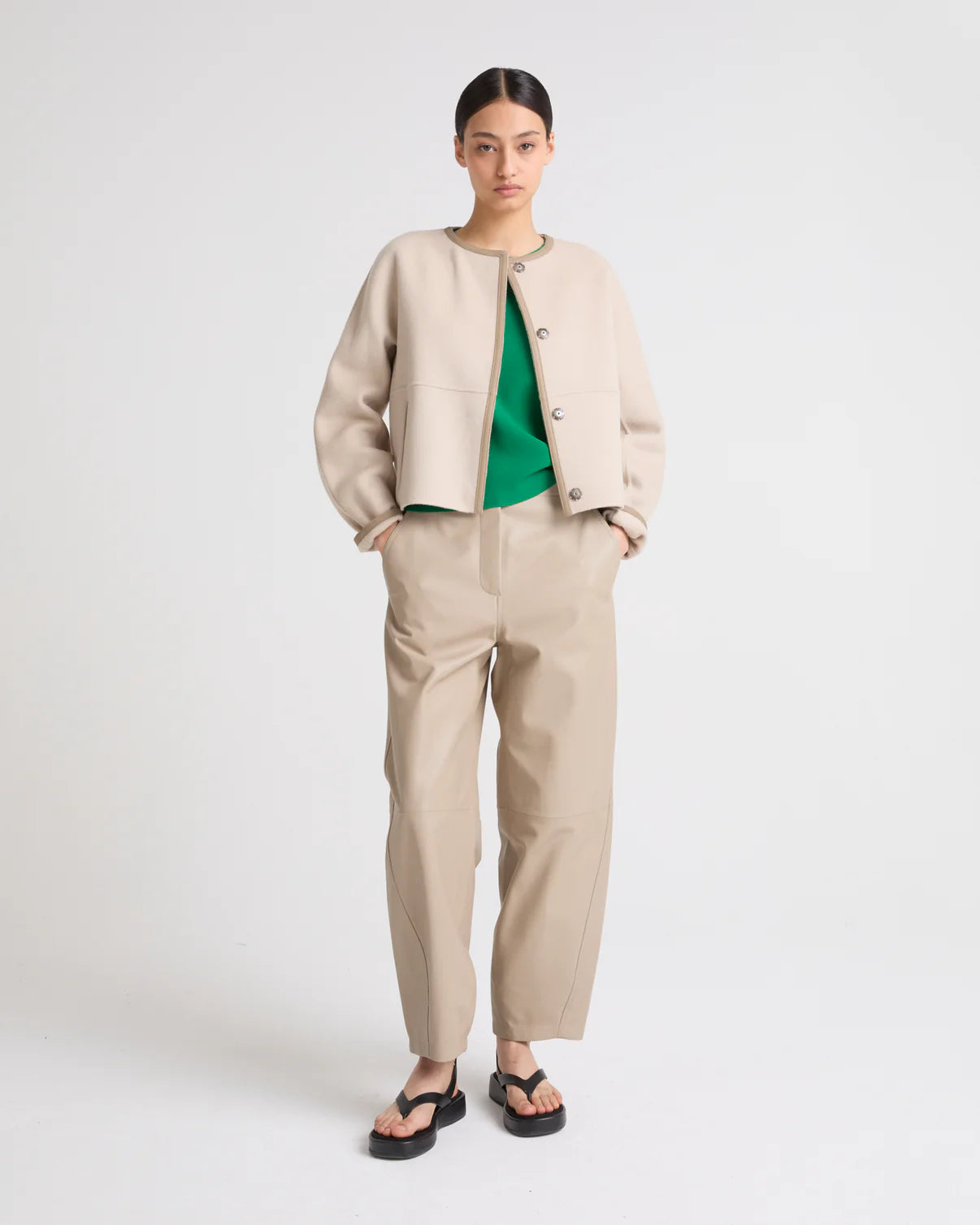 SMALL CASHMERE WOOL JACKET WITH LEATHER TRIM | YVES SALOMON