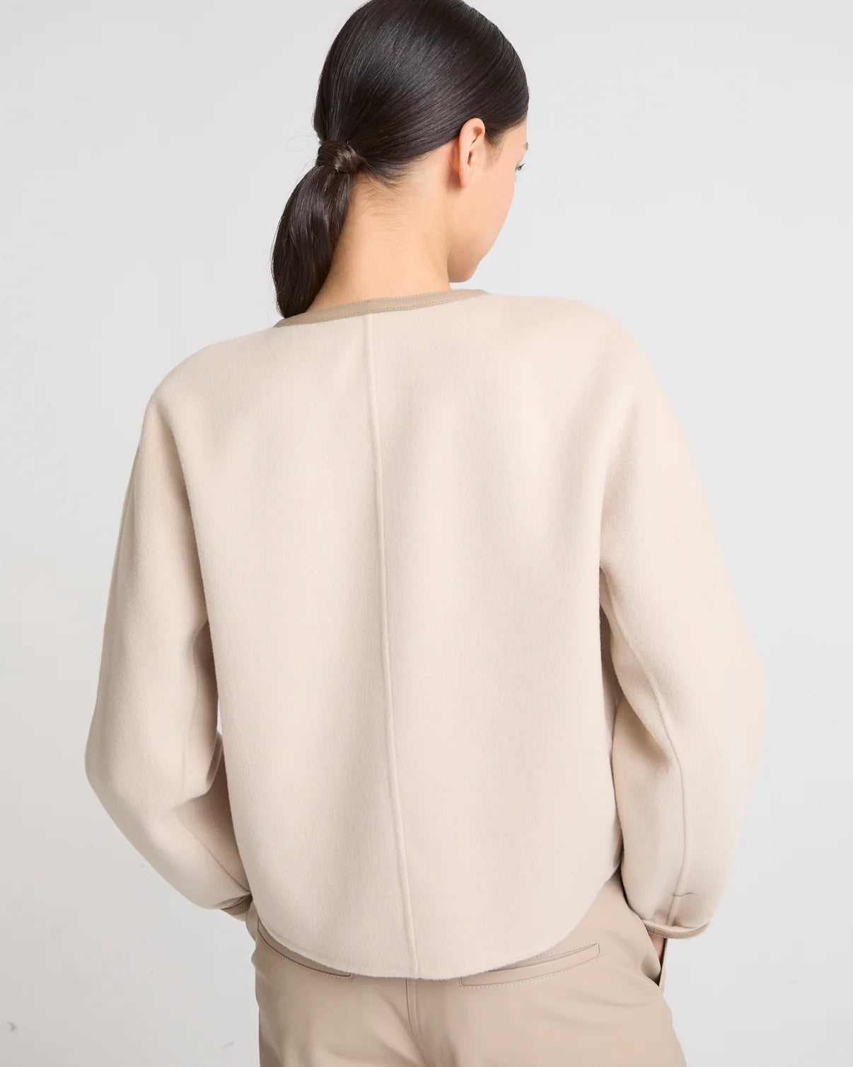 SMALL CASHMERE WOOL JACKET WITH LEATHER TRIM | YVES SALOMON