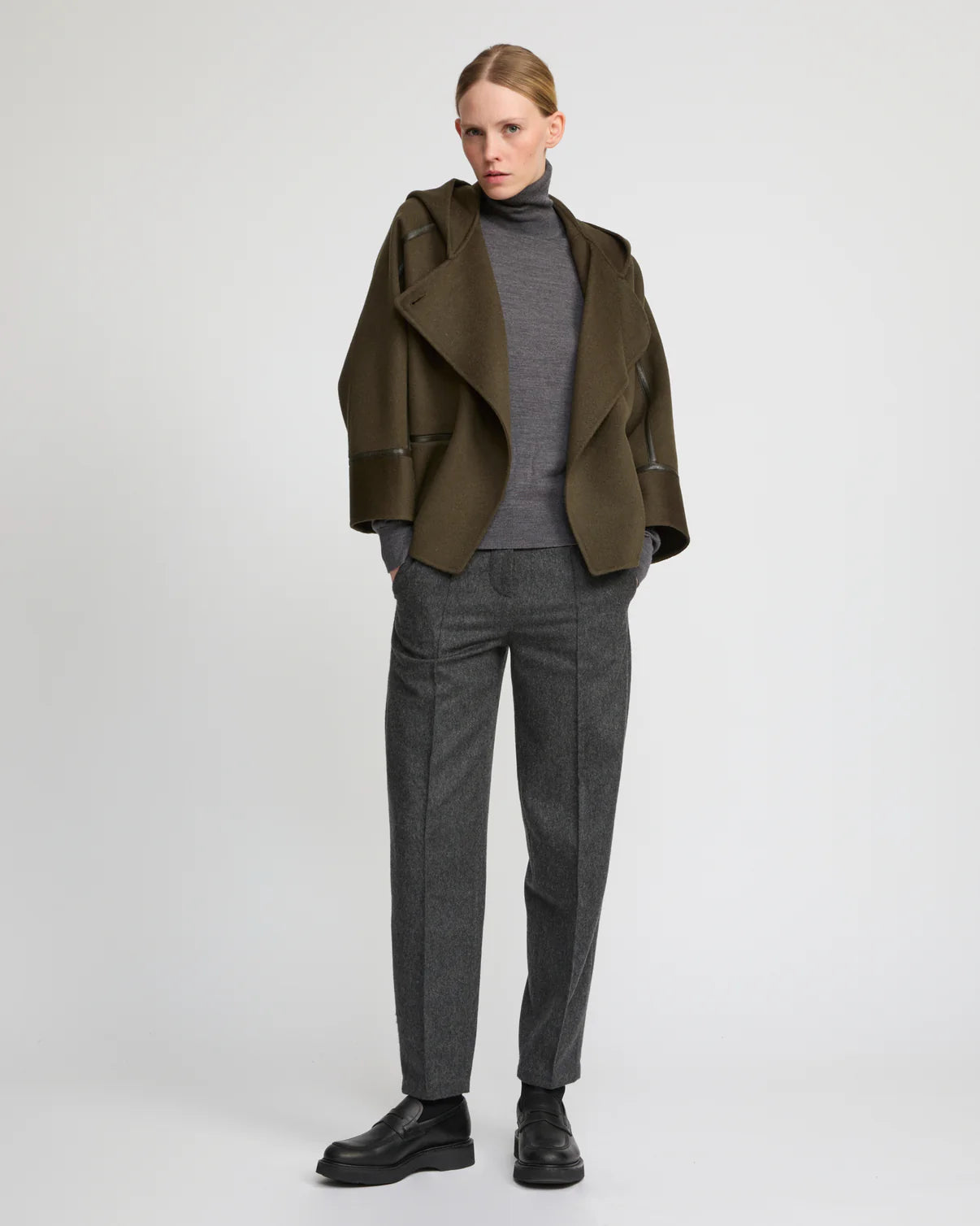 CASHMERE WOOL JACKET WITH LEATHER TRIM | YVES SALOMON LUXURY KHAKI OUTERWEAR
