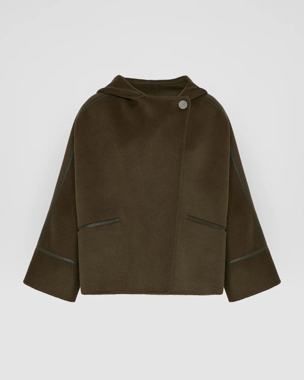 CASHMERE WOOL JACKET WITH LEATHER TRIM | YVES SALOMON LUXURY KHAKI OUTERWEAR
