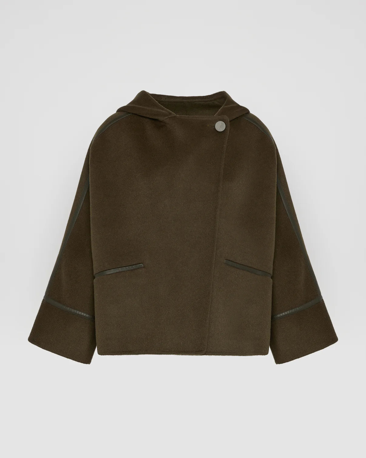 CASHMERE WOOL JACKET WITH LEATHER TRIM | YVES SALOMON LUXURY KHAKI OUTERWEAR