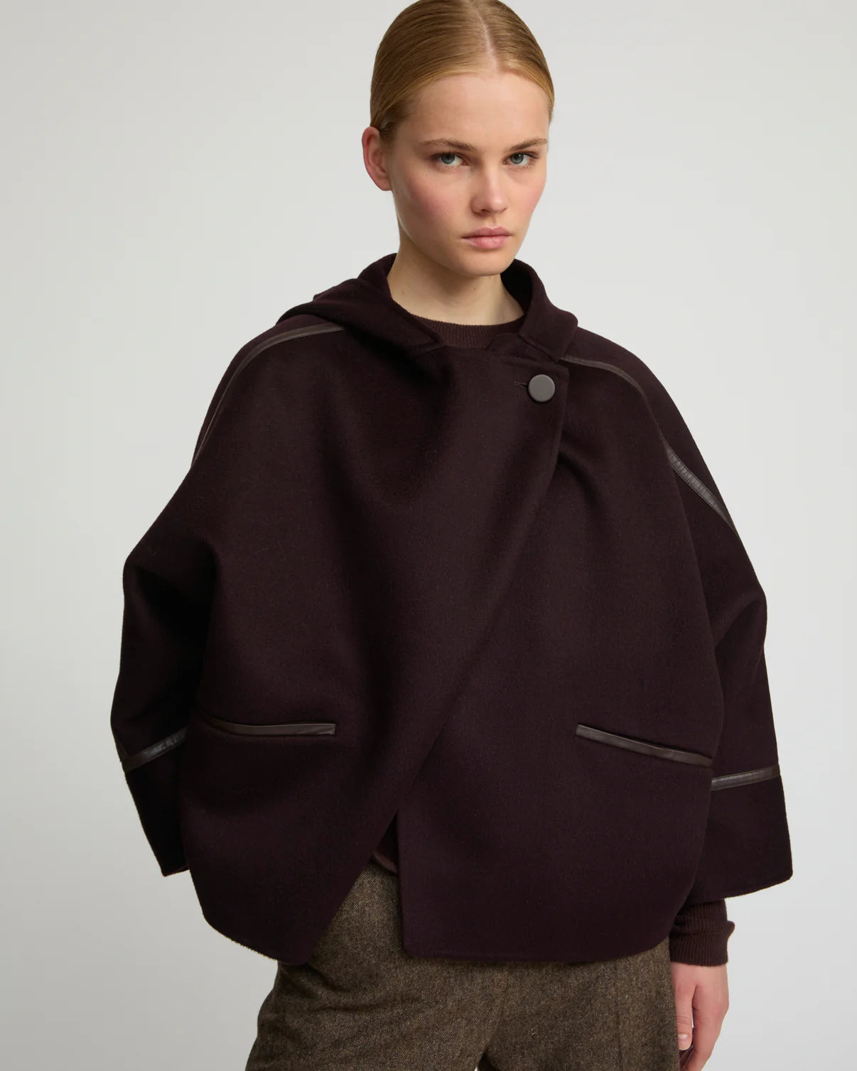 CASHMERE WOOL JACKET WITH LEATHER TRIM | YVES SALOMON LUXURY KHAKI OUTERWEAR