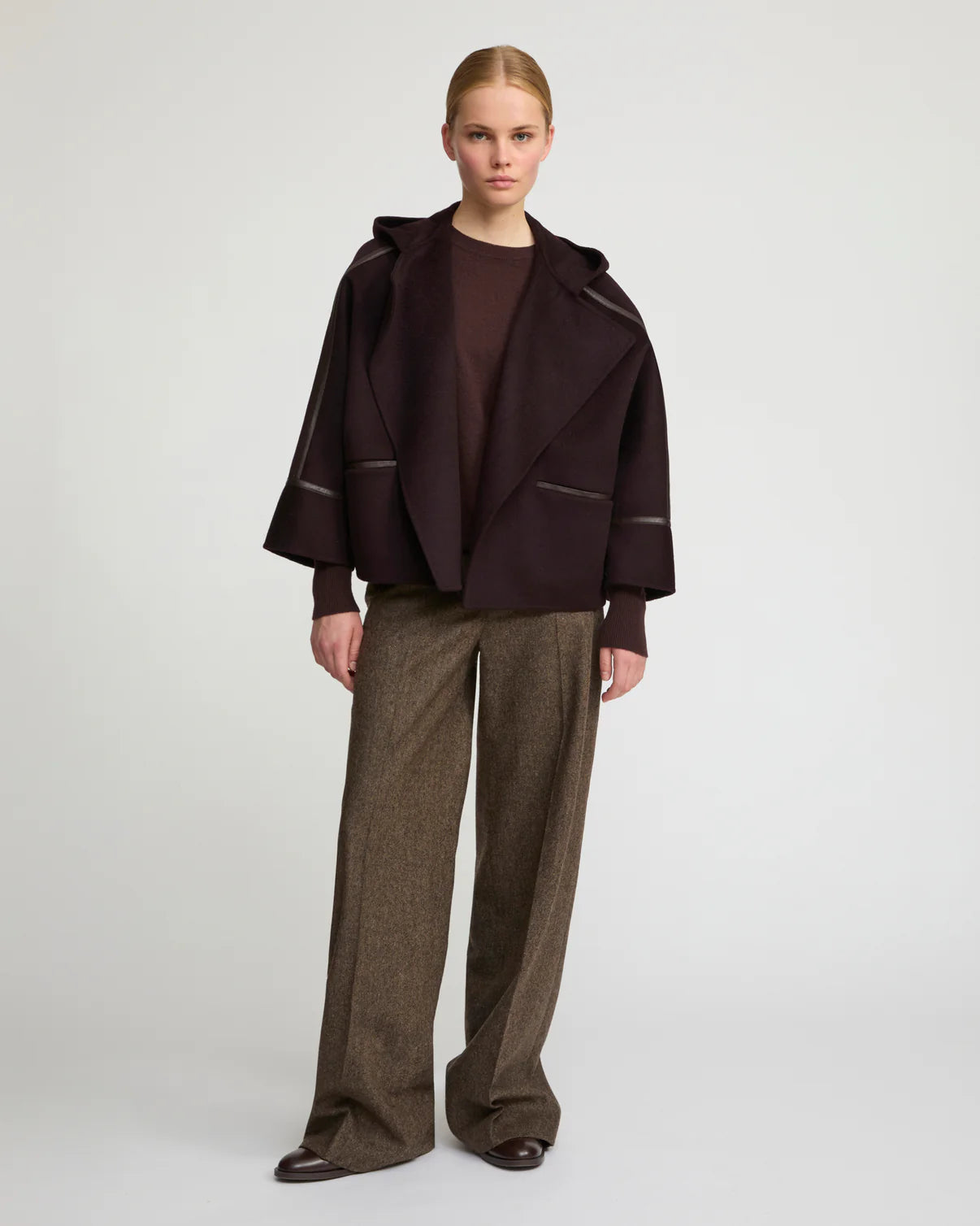 CASHMERE WOOL JACKET WITH LEATHER TRIM | YVES SALOMON LUXURY KHAKI OUTERWEAR