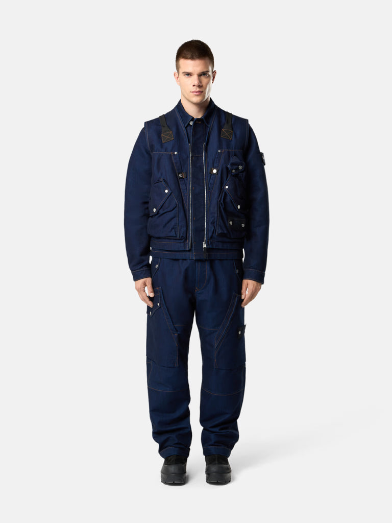 INDIGO POLYPROPYLENE DENIM LIGHT-RINSED / Wide-Leg Cargo Pants with Asymmetrical Pockets
