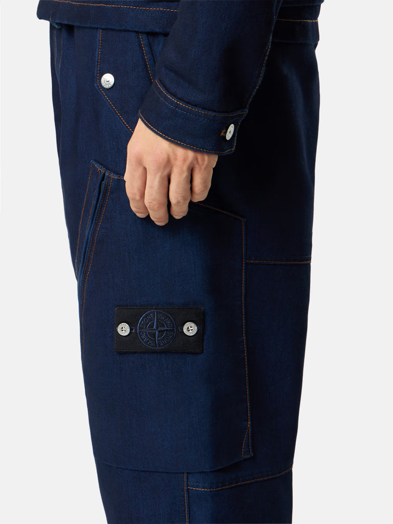 INDIGO POLYPROPYLENE DENIM LIGHT-RINSED / Wide-Leg Cargo Pants with Asymmetrical Pockets