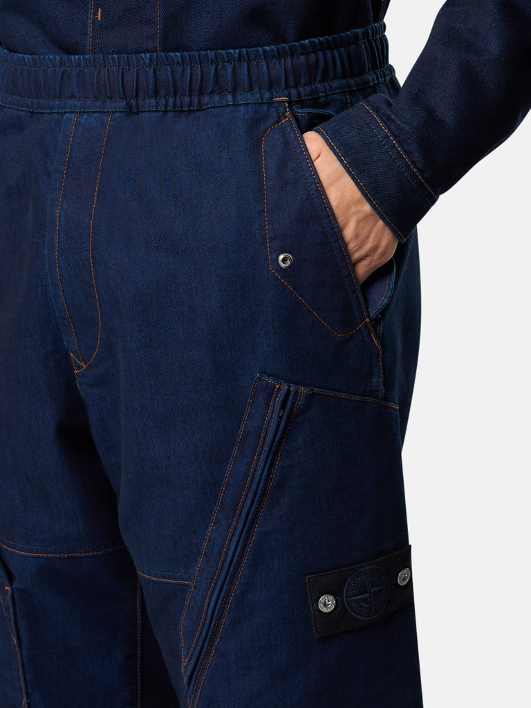 INDIGO POLYPROPYLENE DENIM LIGHT-RINSED / Wide-Leg Cargo Pants with Asymmetrical Pockets