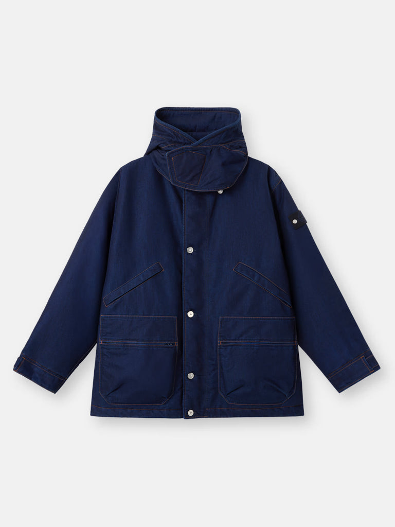 INDIGO POLYPROPYLENE DENIM SHORT PARKA | LIGHTWEIGHT PADDED JACKET