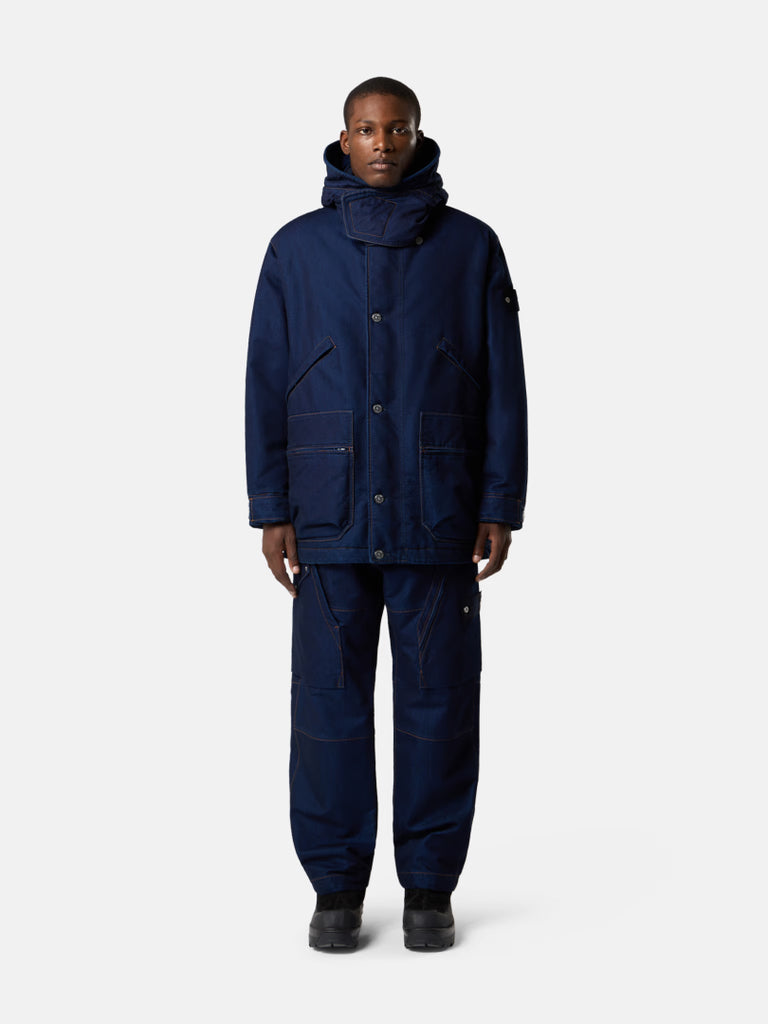 INDIGO POLYPROPYLENE DENIM SHORT PARKA | LIGHTWEIGHT PADDED JACKET