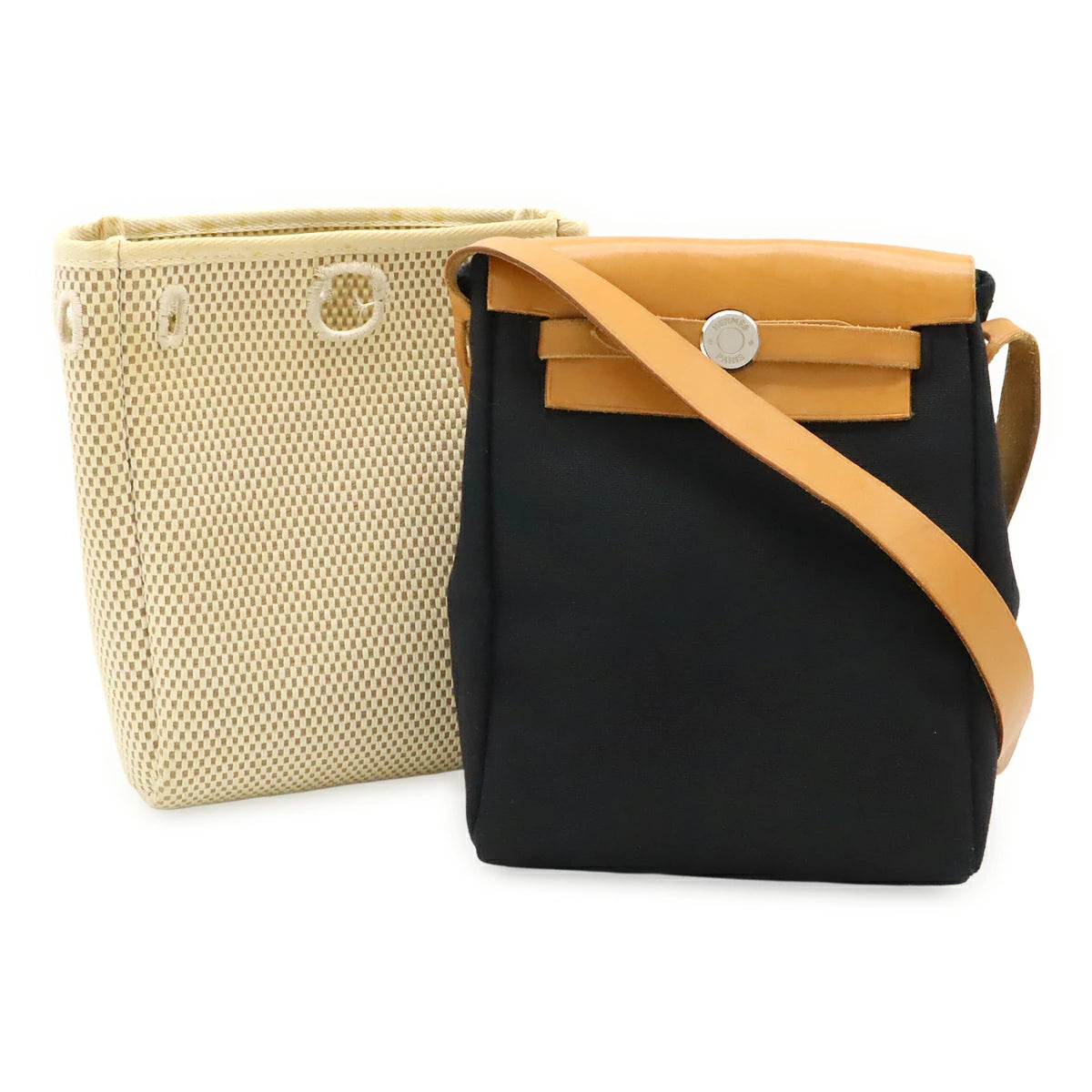 Hermès TPM Toile Officier Shoulder Bag in Black & Natural Leather – H Stamp, Pre-Owned