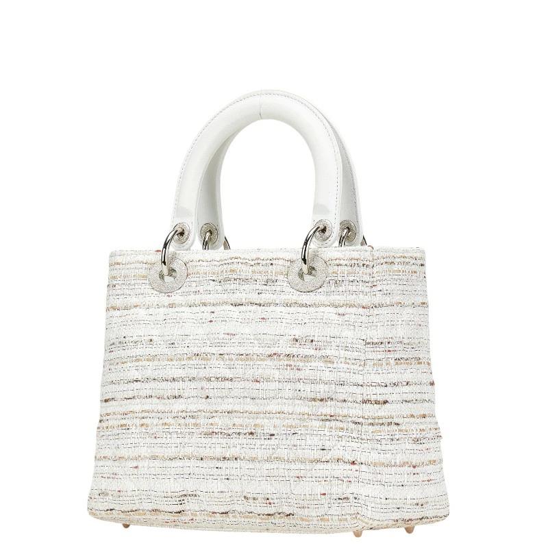 Christian Dior Lady Dior Cannage Tweed Handbag in White Multicolor Canvas & Leather – Pre-Owned