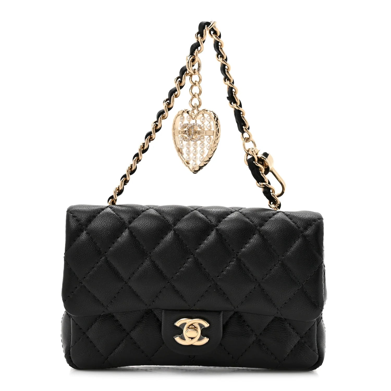 Chanel Black Lambskin Quilted Mini Flap Bag Charm with Gold Hook – Brand New