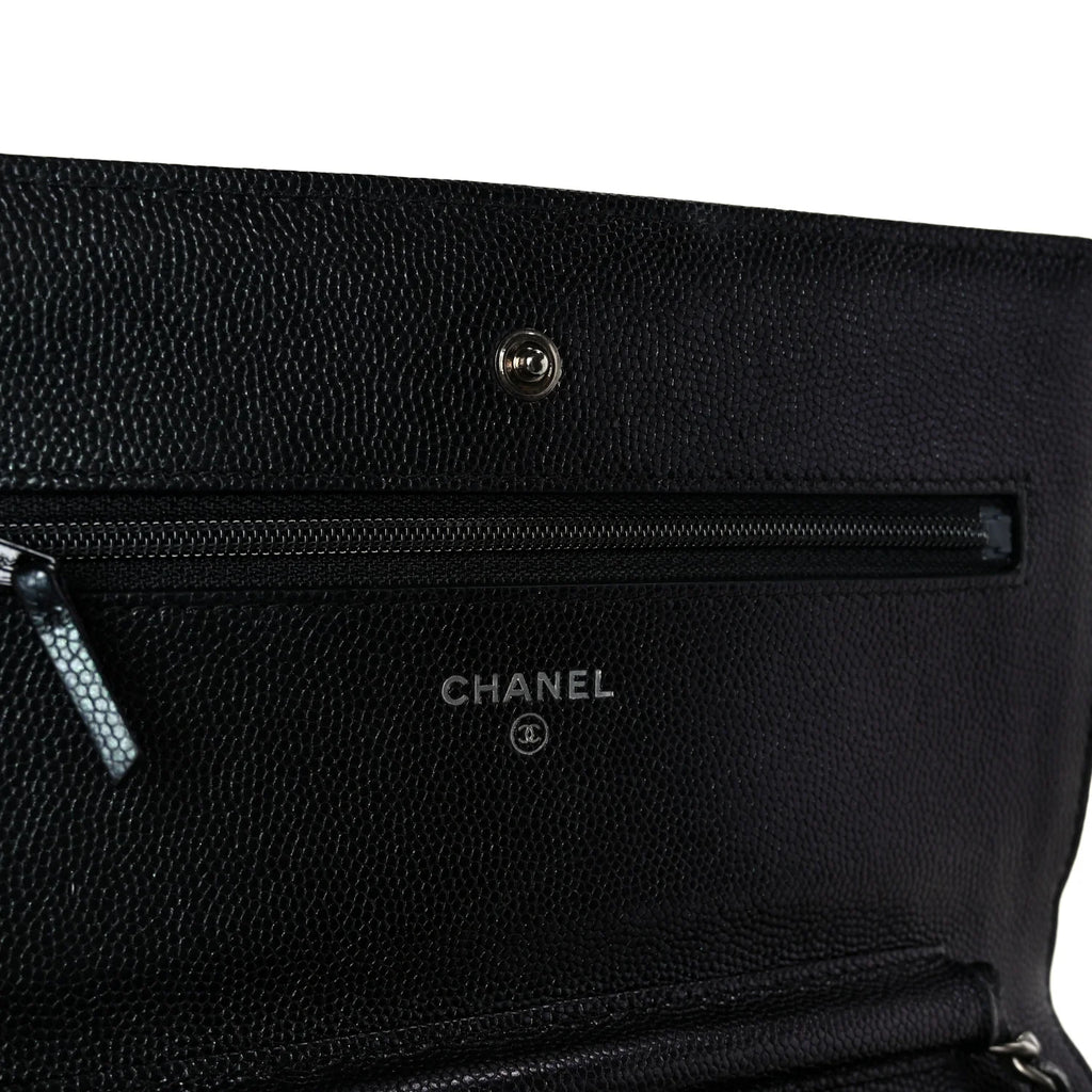 Chanel Iridescent Black Caviar Chevron Quilted Wallet On Chain (WOC) – Gold Hardware – Excellent Condition