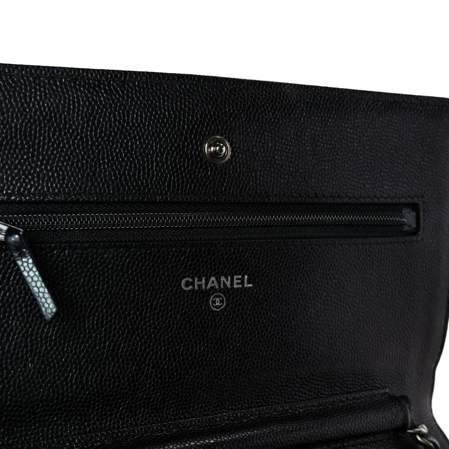 Chanel Iridescent Black Caviar Chevron Quilted Wallet On Chain (WOC) – Gold Hardware – Excellent Condition