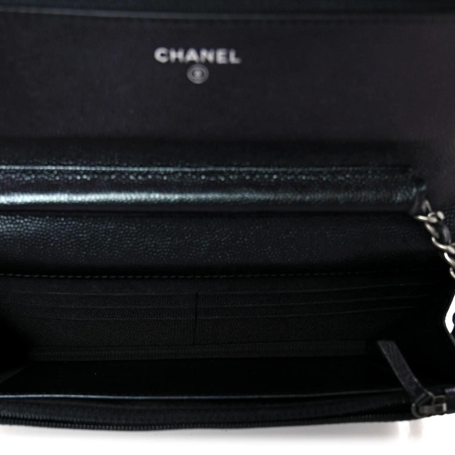 Chanel Iridescent Black Caviar Chevron Quilted Wallet On Chain (WOC) – Gold Hardware – Excellent Condition