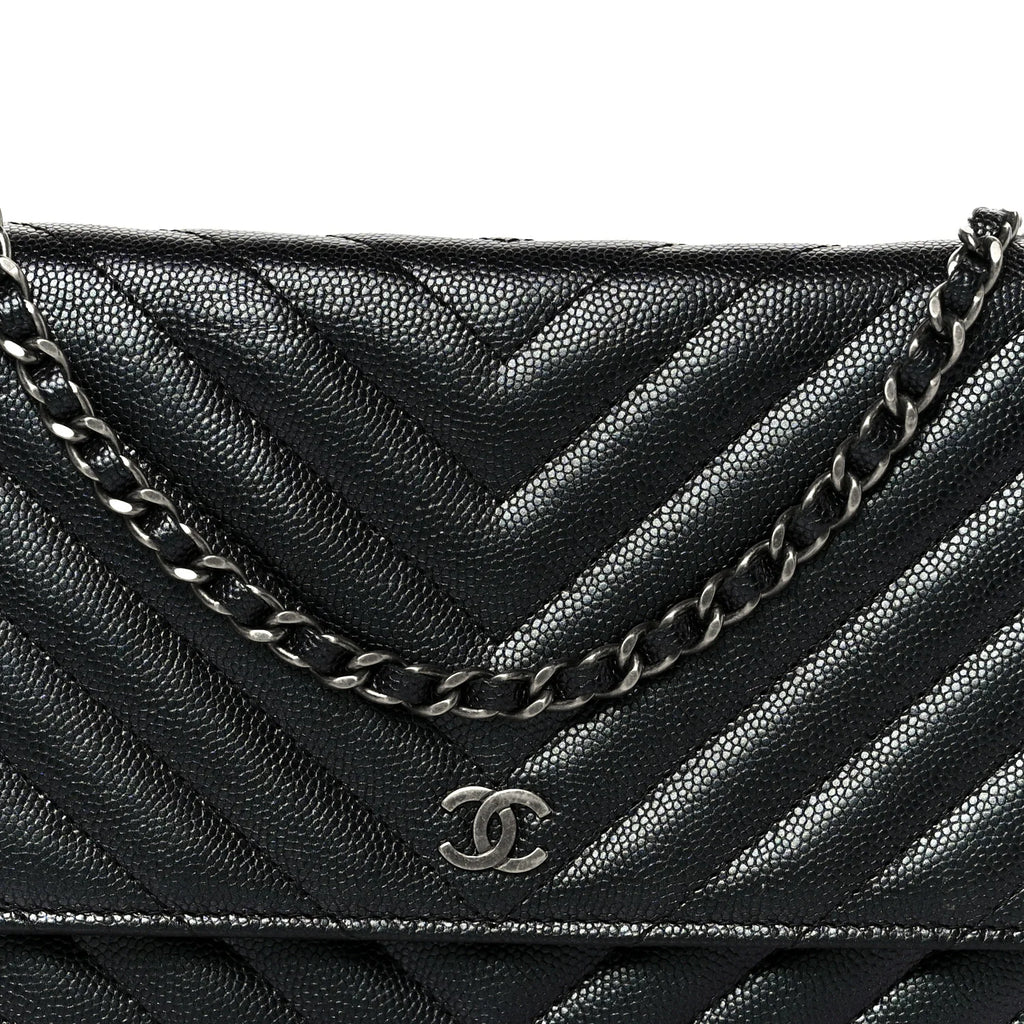 Chanel Iridescent Black Caviar Chevron Quilted Wallet On Chain (WOC) – Gold Hardware – Excellent Condition