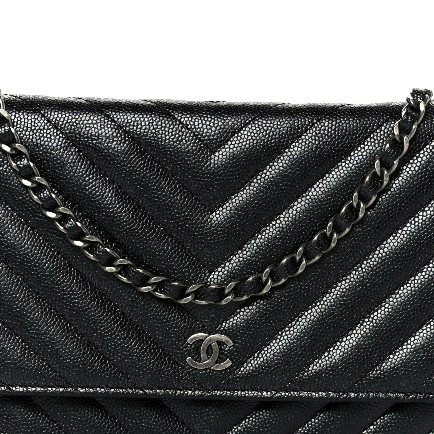 Chanel Iridescent Black Caviar Chevron Quilted Wallet On Chain (WOC) – Gold Hardware – Excellent Condition