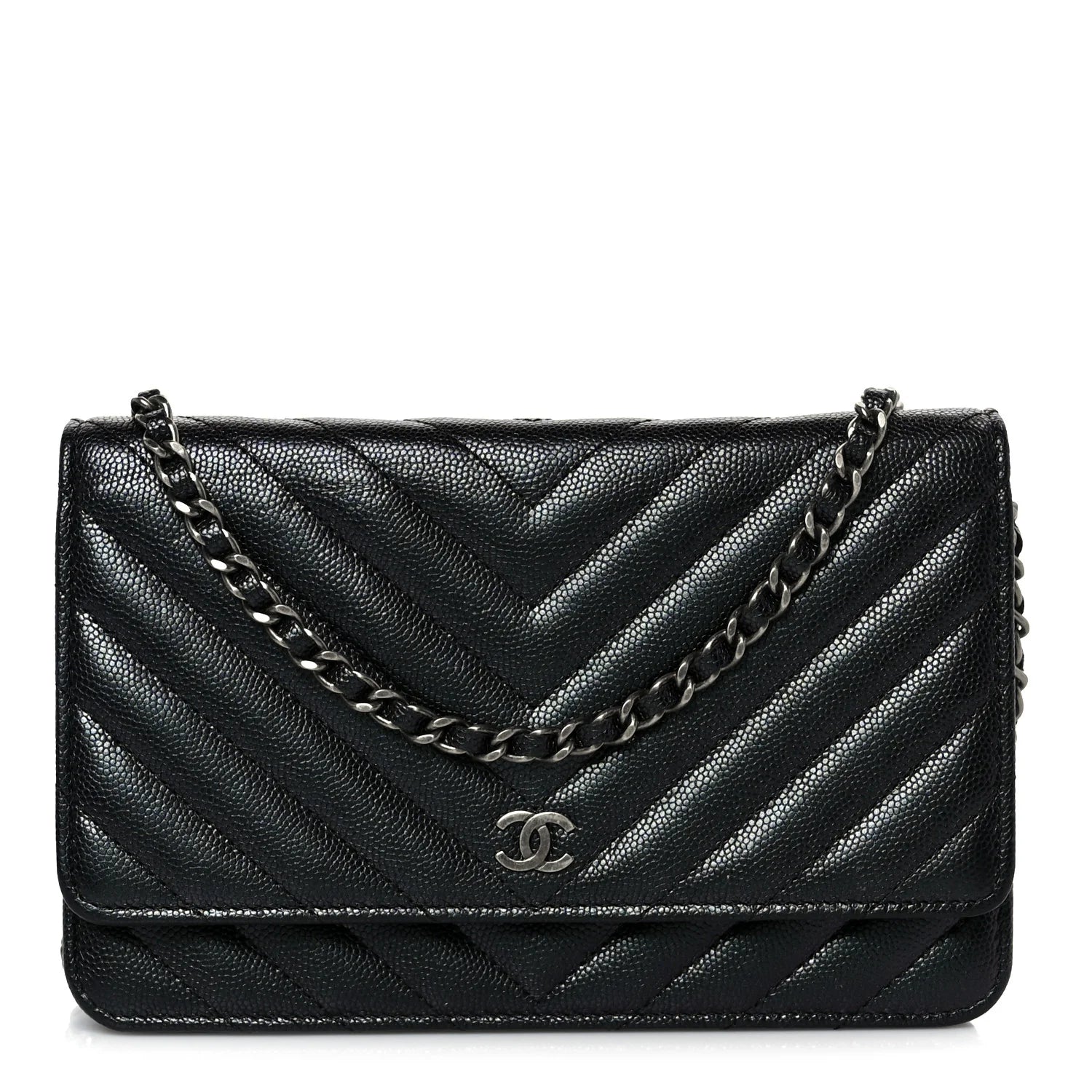 Chanel Iridescent Black Caviar Chevron Quilted Wallet On Chain (WOC) – Gold Hardware – Excellent Condition