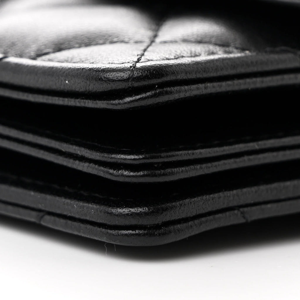 Chanel Black Lambskin Quilted Camellia Card Holder On Chain – Gold Hardware – Excellent Condition