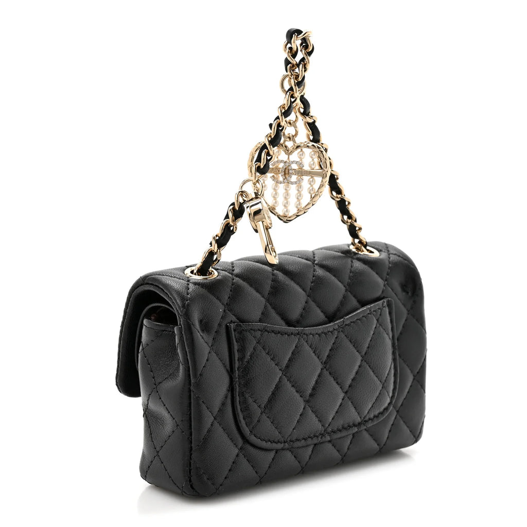 Chanel Black Lambskin Quilted Mini Flap Bag Charm with Gold Hook – Brand New
