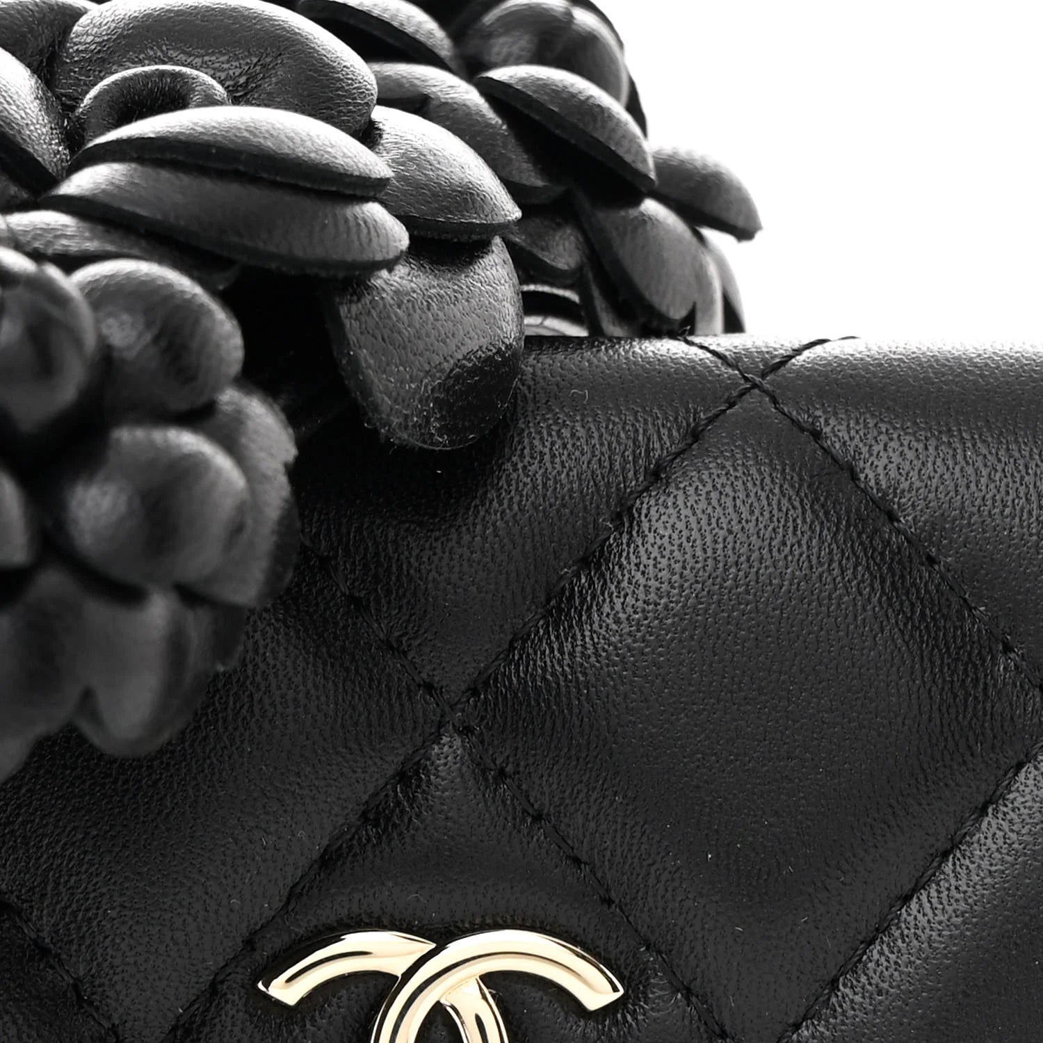 Chanel Black Lambskin Quilted Camellia Card Holder On Chain – Gold Hardware – Excellent Condition