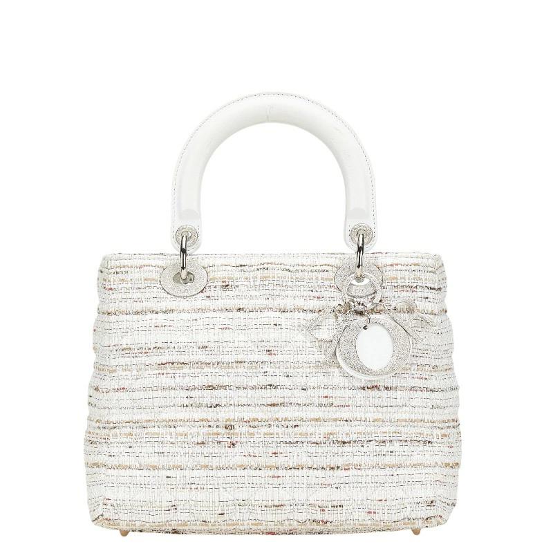 Christian Dior Lady Dior Cannage Tweed Handbag in White Multicolor Canvas & Leather – Pre-Owned