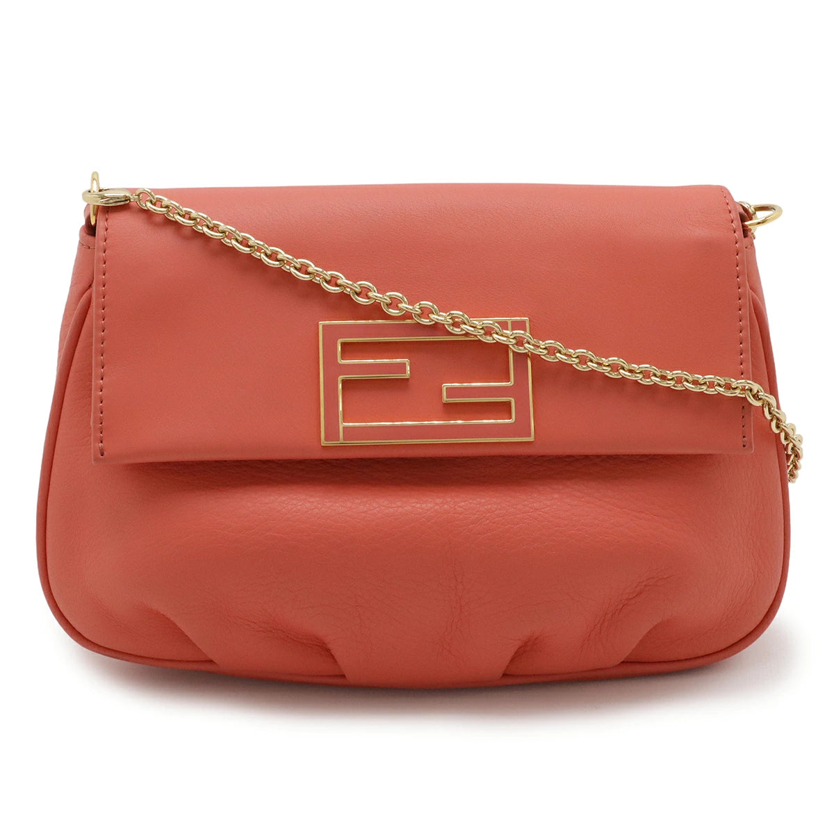 Fendi 8M0276 Chain Pochette & Clutch in Coral Pink Leather with Gold Hardware – Pre-Owned