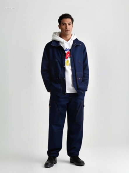 INDIGO POLYPROPYLENE DENIM SHORT PARKA | LIGHTWEIGHT PADDED JACKET