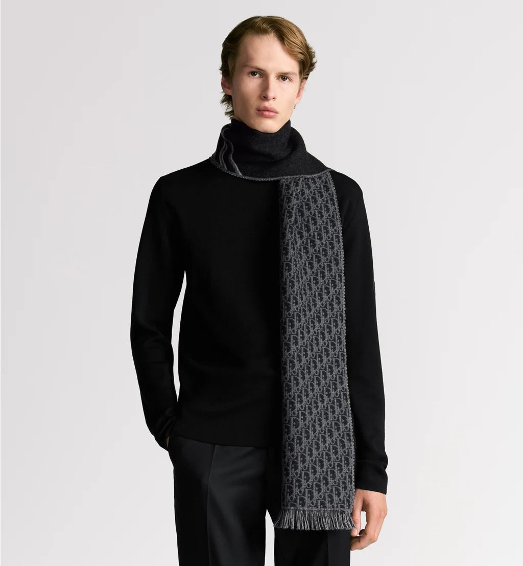 DIOR OBLIQUE SCARF BLACK & GRAY WOOL | LUXURY DESIGNER SCARF