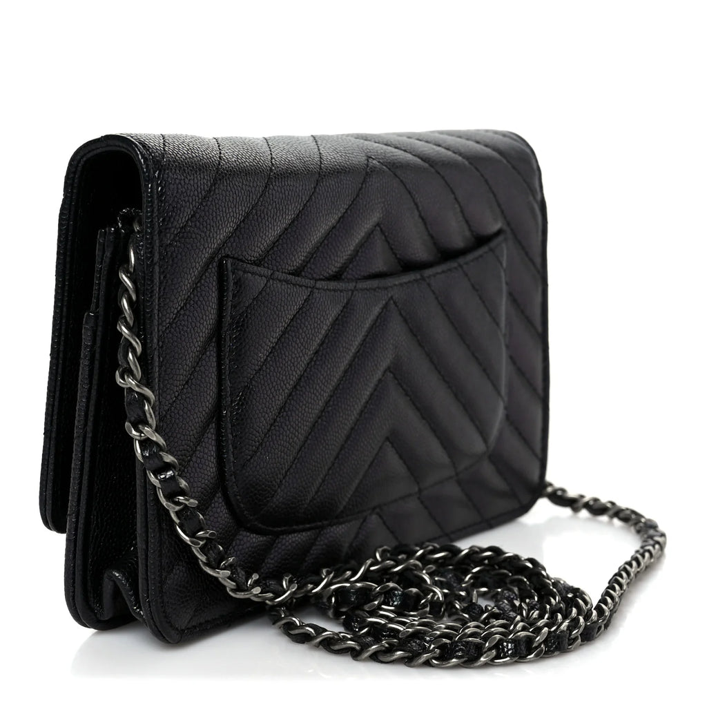 Chanel Iridescent Black Caviar Chevron Quilted Wallet On Chain (WOC) – Gold Hardware – Excellent Condition