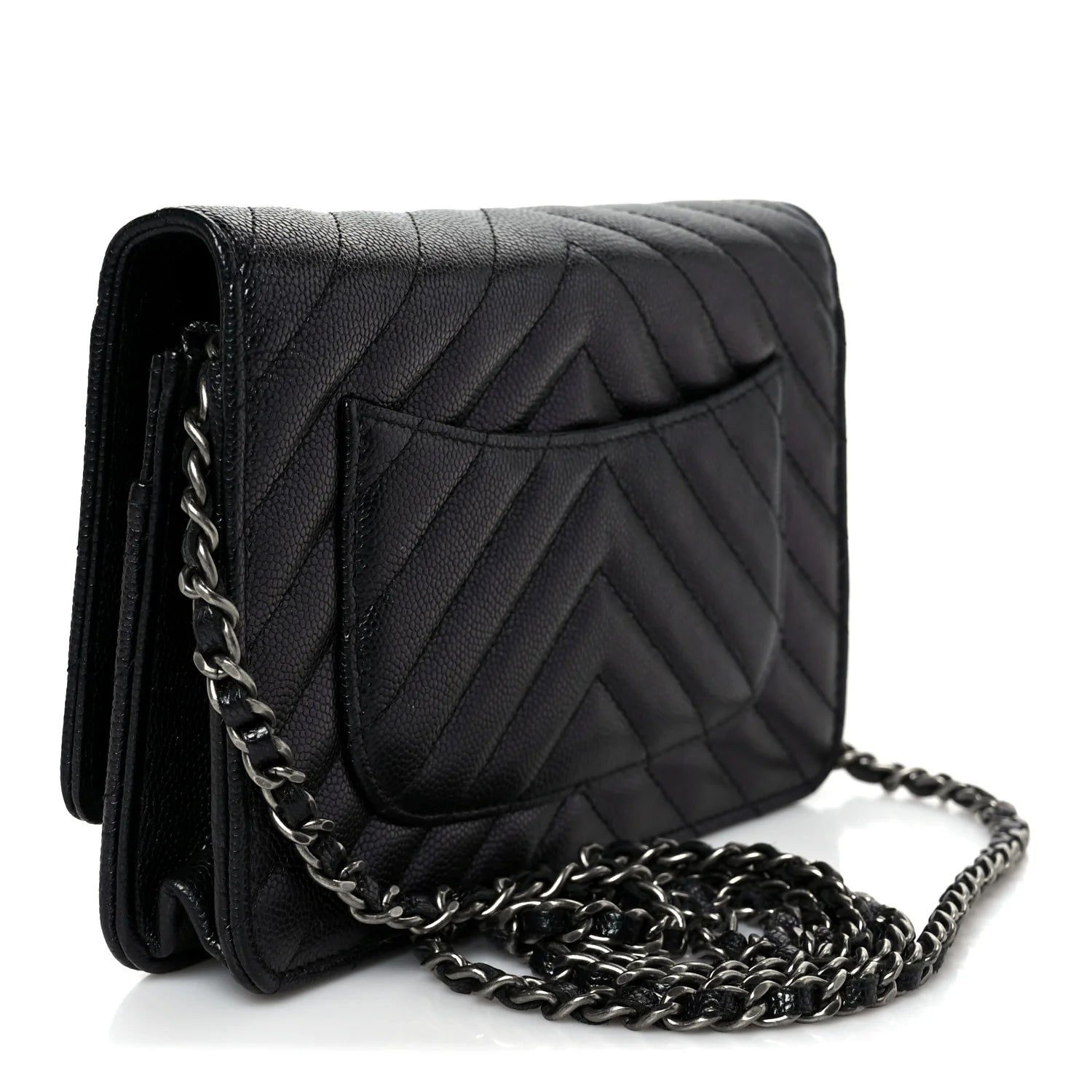 Chanel Iridescent Black Caviar Chevron Quilted Wallet On Chain (WOC) – Gold Hardware – Excellent Condition