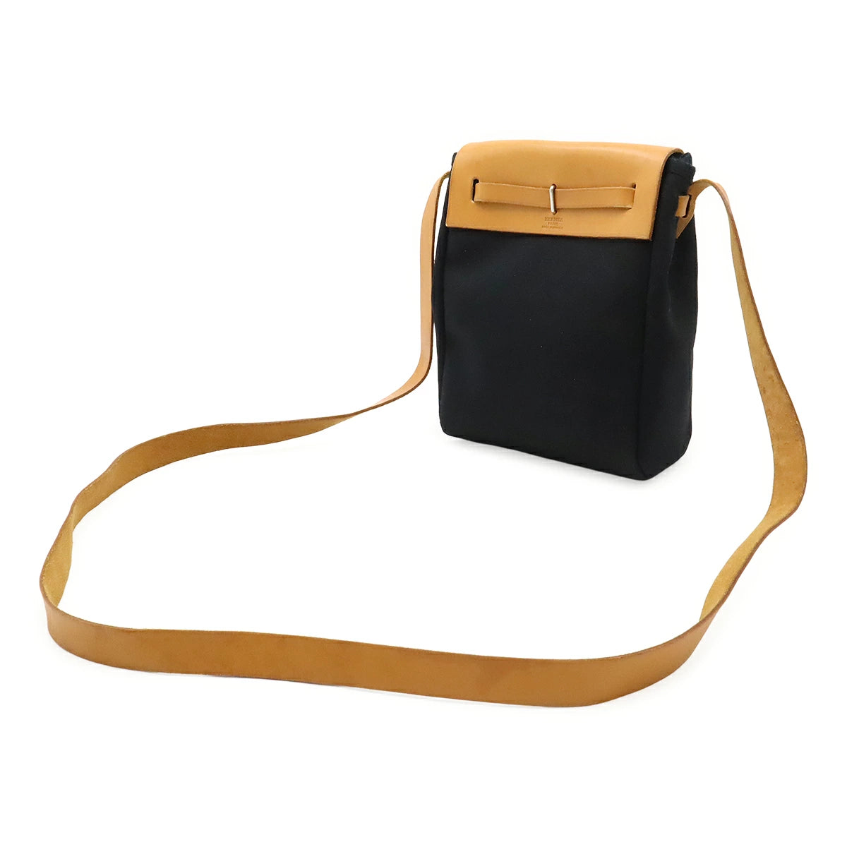 Hermès TPM Toile Officier Shoulder Bag in Black & Natural Leather – H Stamp, Pre-Owned