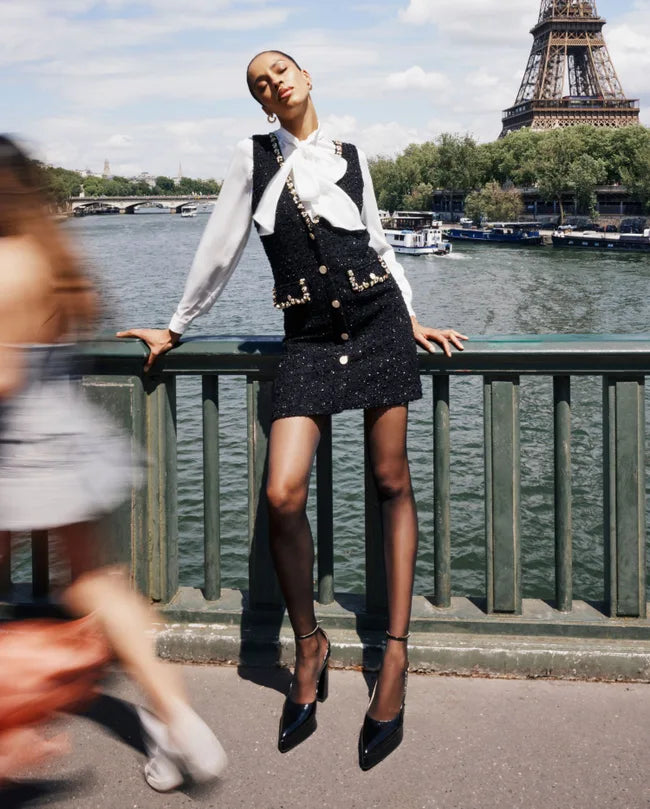 DAMIENA SLEEVELESS BLACK TWEED DRESS | SHELL TRIM | ELEGANT WOMEN’S WEAR by Anne F