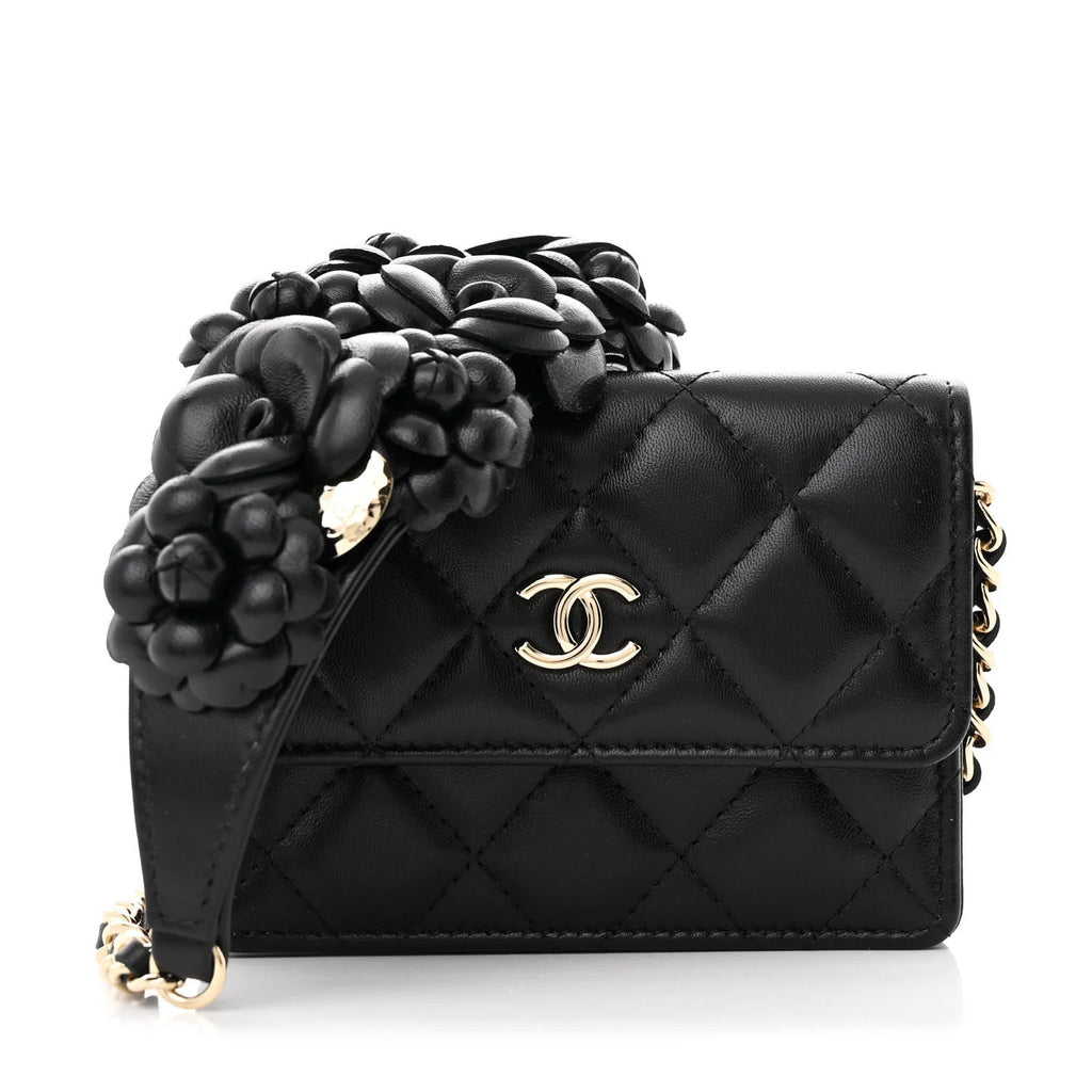 Chanel Black Lambskin Quilted Camellia Card Holder On Chain – Gold Hardware – Excellent Condition
