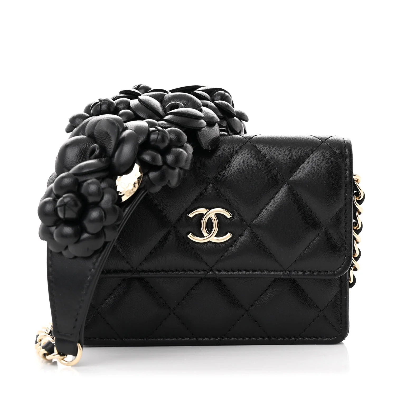 Chanel Black Lambskin Quilted Camellia Card Holder On Chain – Gold Hardware – Excellent Condition