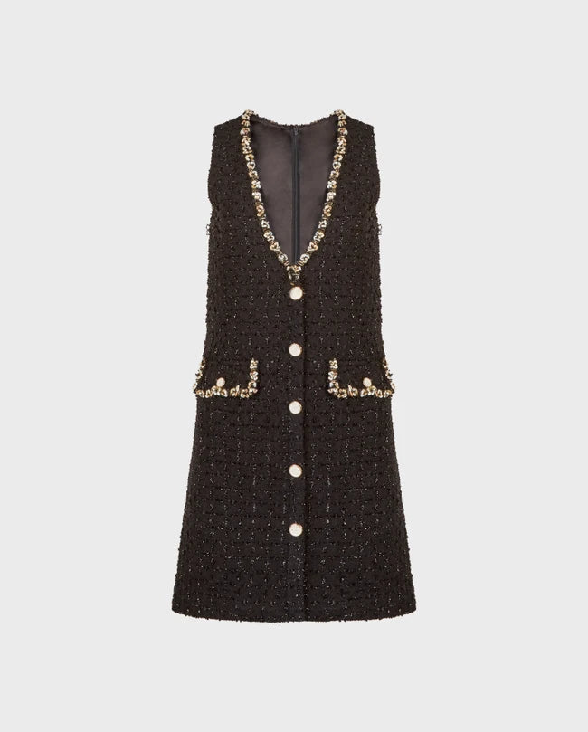 DAMIENA SLEEVELESS BLACK TWEED DRESS | SHELL TRIM | ELEGANT WOMEN’S WEAR by Anne F