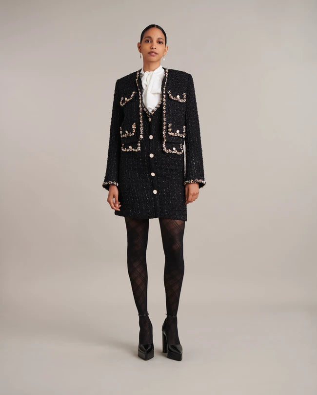 DAMIENA SLEEVELESS BLACK TWEED DRESS | SHELL TRIM | ELEGANT WOMEN’S WEAR by Anne F