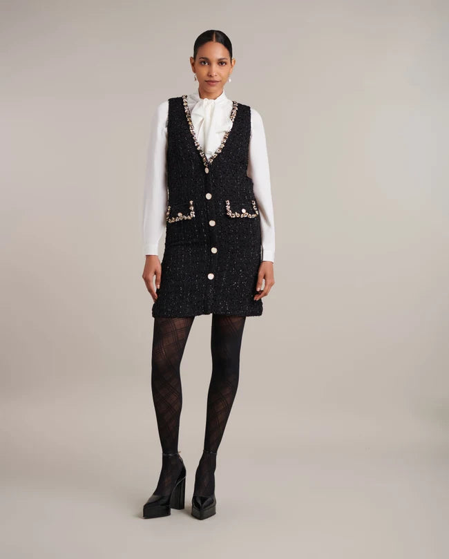 DAMIENA SLEEVELESS BLACK TWEED DRESS | SHELL TRIM | ELEGANT WOMEN’S WEAR by Anne F