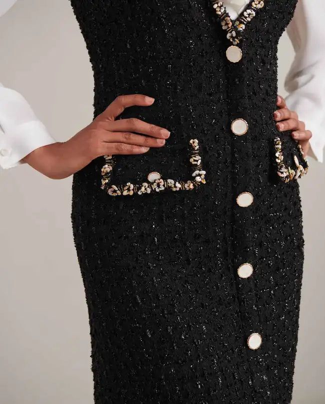 DAMIENA SLEEVELESS BLACK TWEED DRESS | SHELL TRIM | ELEGANT WOMEN’S WEAR by Anne F
