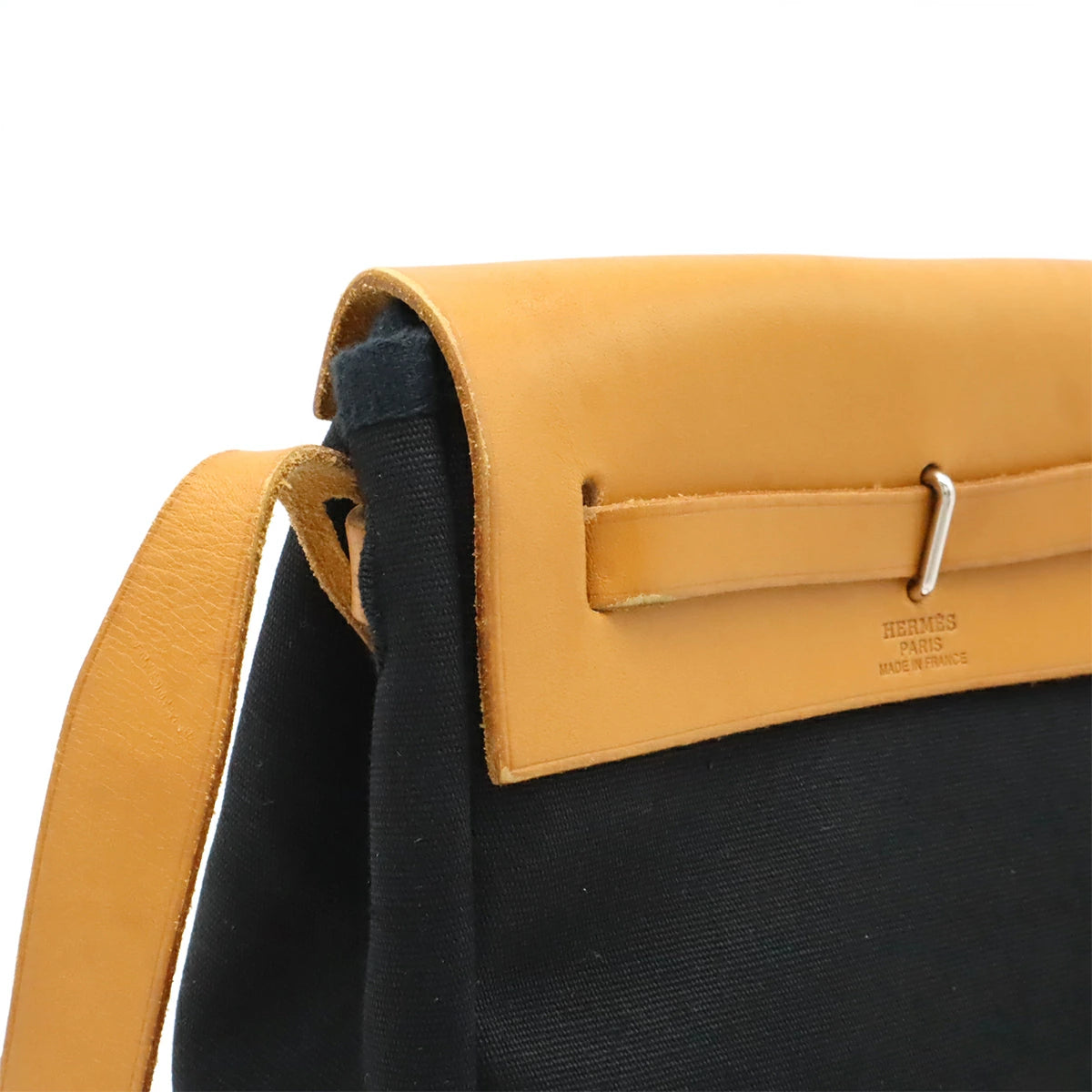 Hermès TPM Toile Officier Shoulder Bag in Black & Natural Leather – H Stamp, Pre-Owned