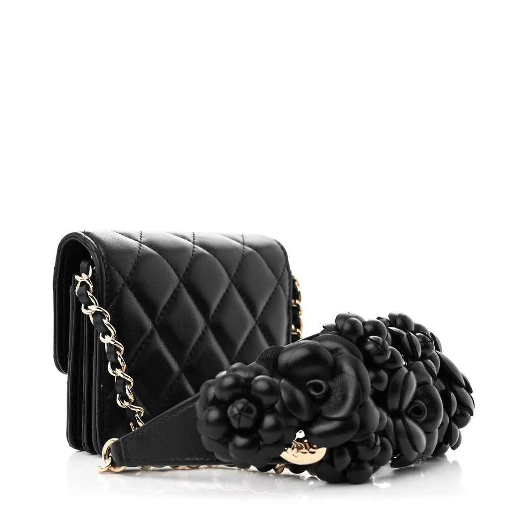 Chanel Black Lambskin Quilted Camellia Card Holder On Chain – Gold Hardware – Excellent Condition