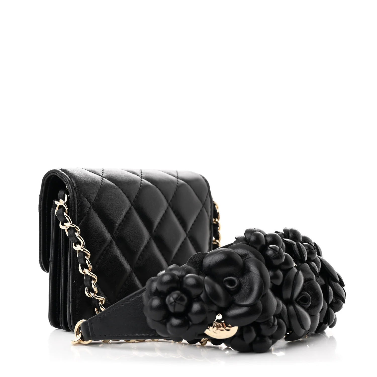 Chanel Black Lambskin Quilted Camellia Card Holder On Chain – Gold Hardware – Excellent Condition