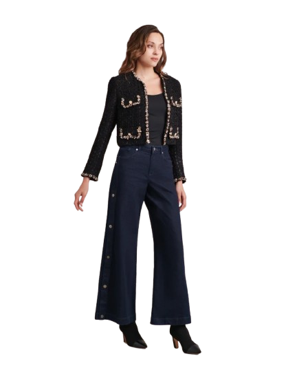 LIENA BLACK TWEED CROPPED JACKET | ANNE FONTAINE – BEADED SHELL TRIM