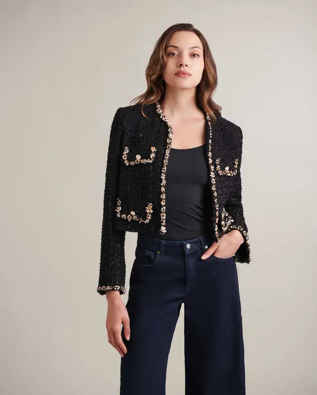 LIENA BLACK TWEED CROPPED JACKET | ANNE FONTAINE – BEADED SHELL TRIM