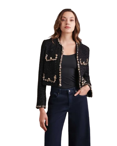 LIENA BLACK TWEED CROPPED JACKET | ANNE FONTAINE – BEADED SHELL TRIM
