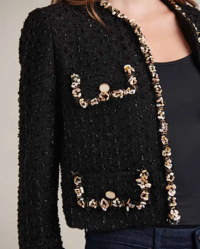 LIENA BLACK TWEED CROPPED JACKET | ANNE FONTAINE – BEADED SHELL TRIM