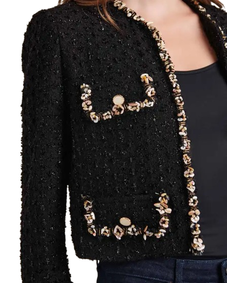 LIENA BLACK TWEED CROPPED JACKET | ANNE FONTAINE – BEADED SHELL TRIM